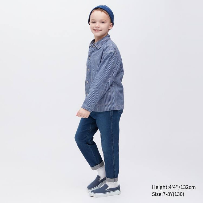 Uniqlo Denim A Strisce Overshirt Giacche Ragazza Blu | HLSEOW861