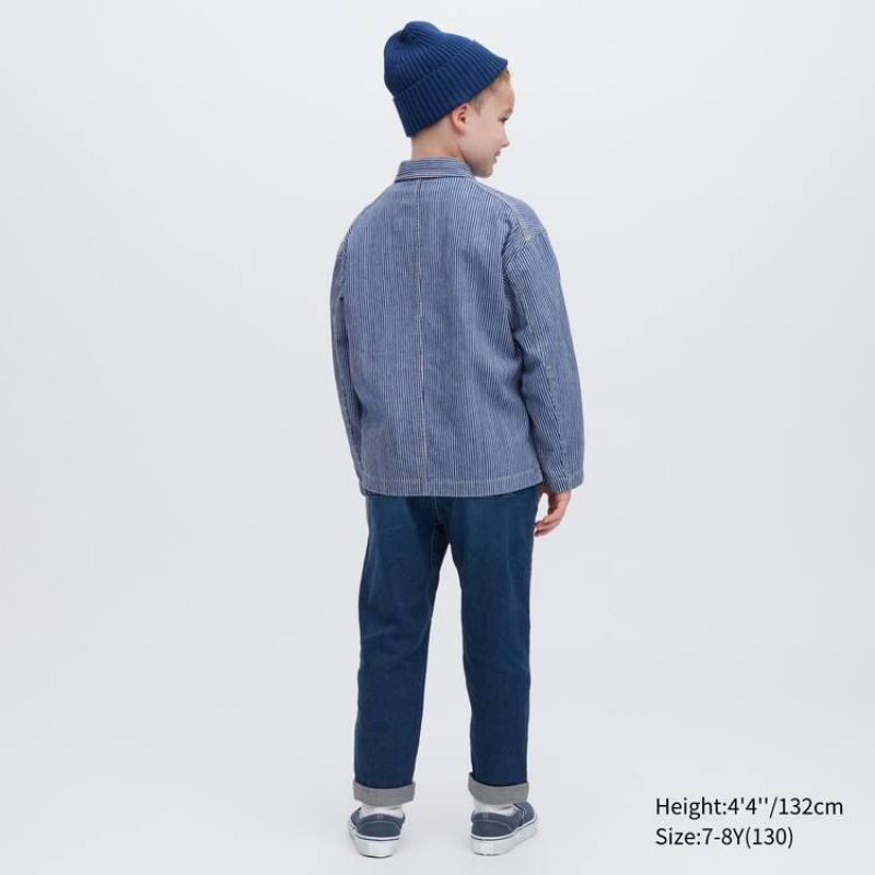 Uniqlo Denim A Strisce Overshirt Giacche Ragazza Blu | HLSEOW861