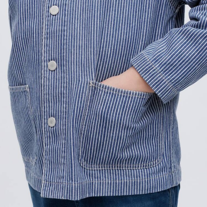 Uniqlo Denim A Strisce Overshirt Giacche Ragazza Blu | HLSEOW861