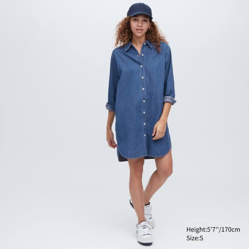 Uniqlo Denim Long Sleeved Vestito Blu | QNUEYW247