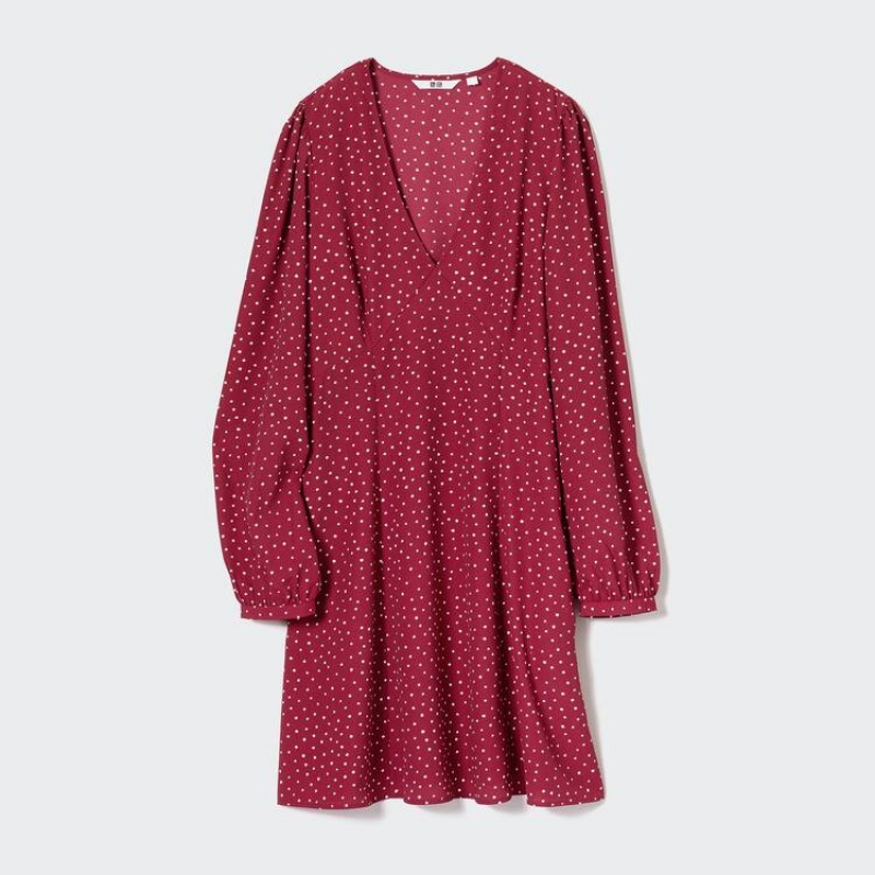 Uniqlo Dotted V Neck Long Sleeved Mini Vestito Rosse | CJFOMR079