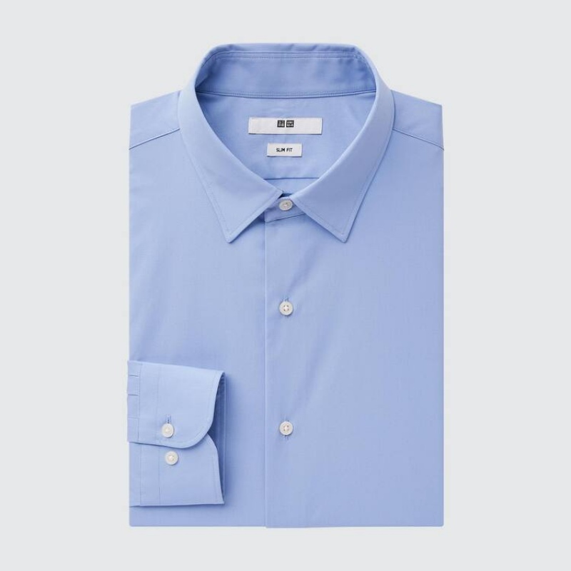 Uniqlo Easy Care Broadcloth Stretch Slim Fit (Regular Collar) Camicie Blu | MDRUCL816