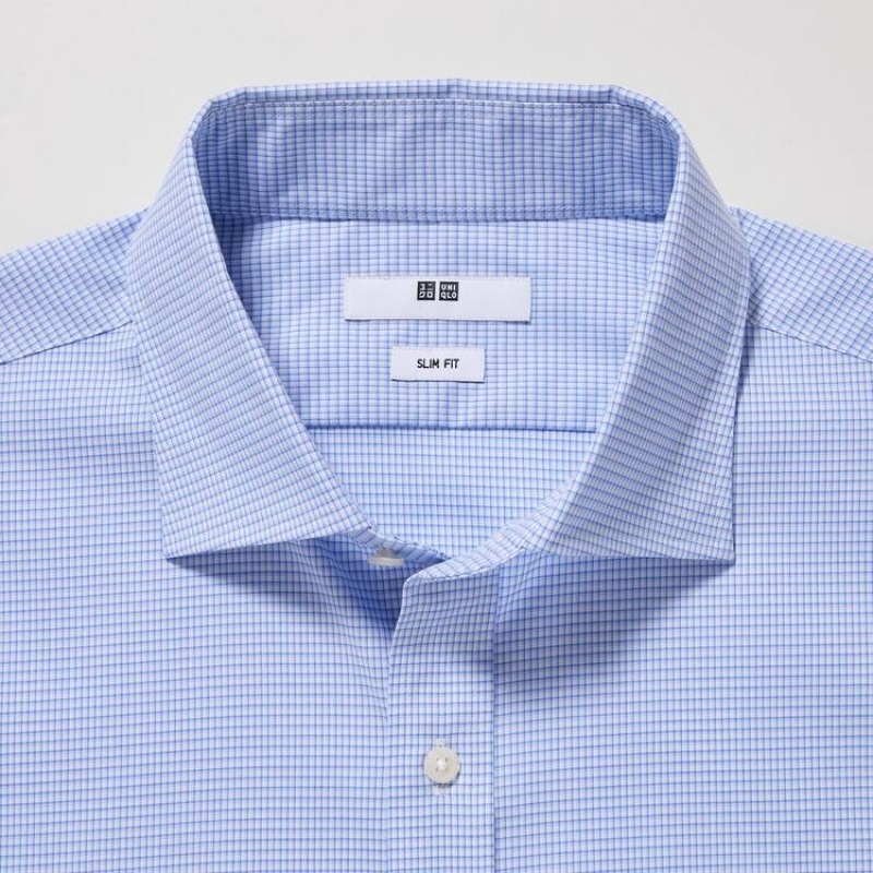 Uniqlo Easy Care Checked Stretch Slim Fit (Semi-cutaway Collar) Camicie Blu | JCDRQY739