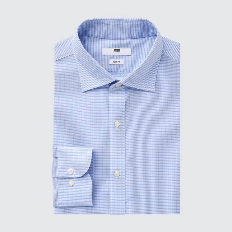 Uniqlo Easy Care Checked Stretch Slim Fit (Semi-cutaway Collar) Camicie Blu | JCDRQY739