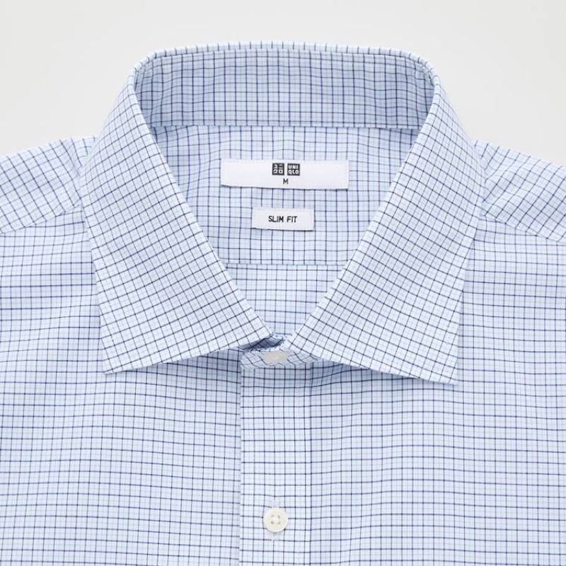 Uniqlo Easy Care Checked Stretch Slim Fit (Semi-cutaway Collar) Camicie Blu | IYBUOP697