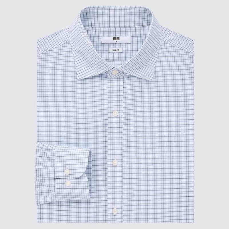 Uniqlo Easy Care Checked Stretch Slim Fit (Semi-cutaway Collar) Camicie Blu | IYBUOP697