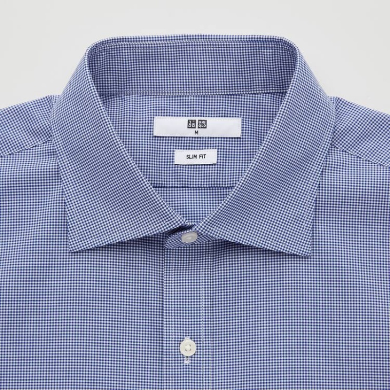 Uniqlo Easy Care Checked Stretch Slim Fit (Semi-cutaway Collar) Camicie Blu | EBOVYT168