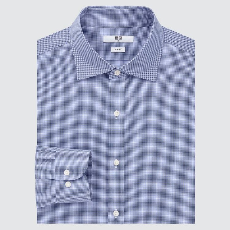 Uniqlo Easy Care Checked Stretch Slim Fit (Semi-cutaway Collar) Camicie Blu | EBOVYT168