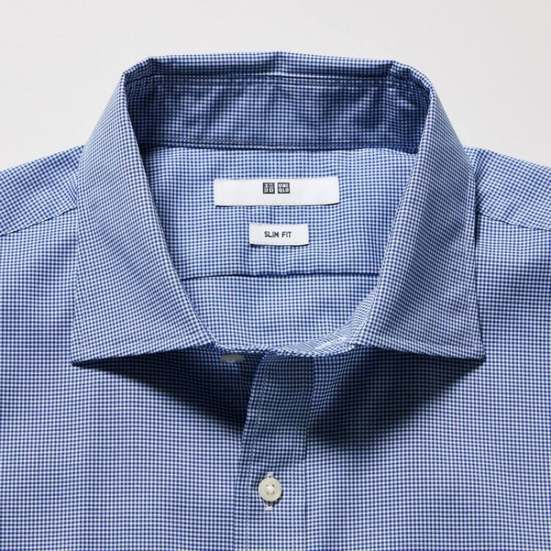 Uniqlo Easy Care Stretch Slim Fit Checked (Semi-cutaway Collar) Camicie Blu | EQMUDG341