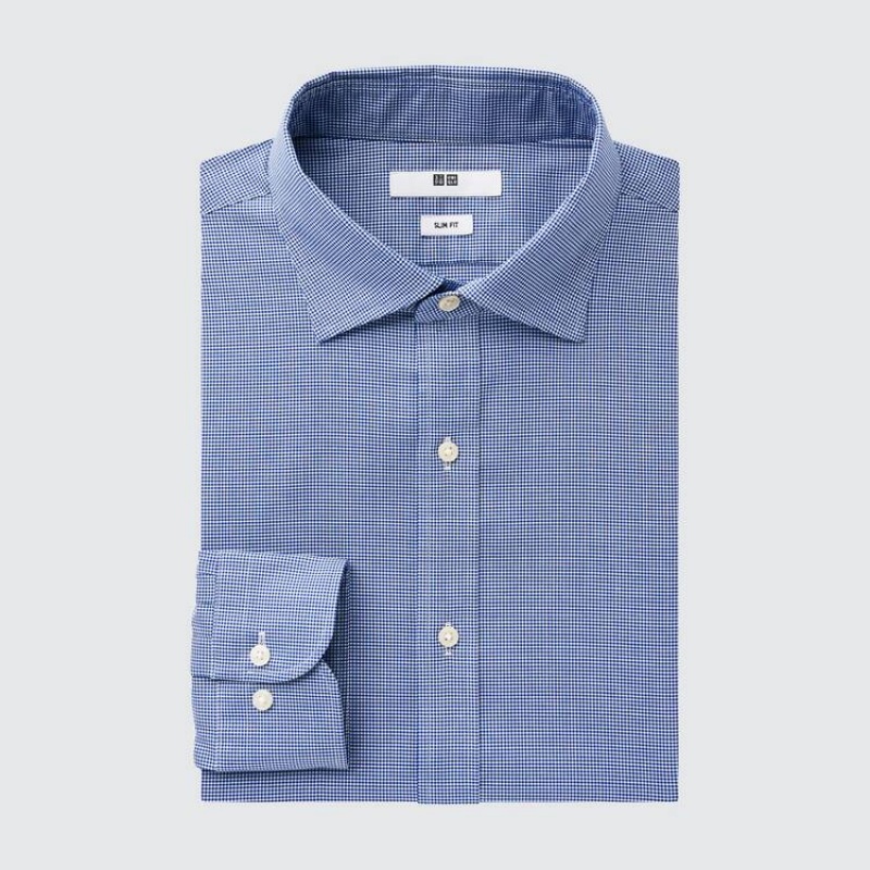 Uniqlo Easy Care Stretch Slim Fit Checked (Semi-cutaway Collar) Camicie Blu | EQMUDG341