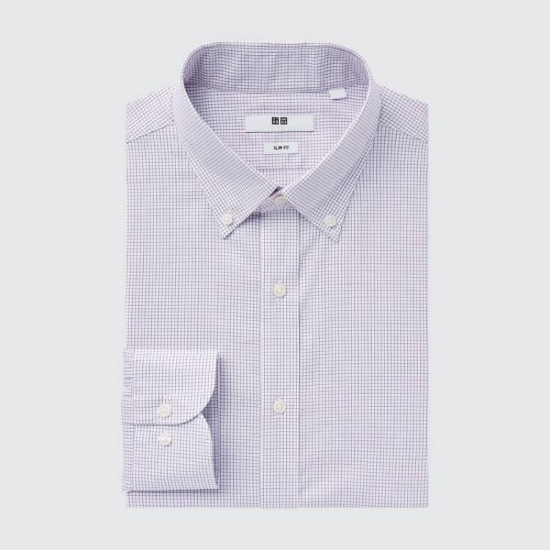 Uniqlo Easy Care Stretch Slim Fit Checked (Button-down Collar) Camicie Viola | BXQRWD042