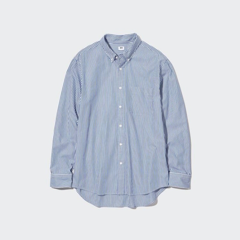 Uniqlo Extra Fine Cotone Broadcloth Regular Fit A Strisce (Button-down Collar) Camicie Blu | QRVYZB574