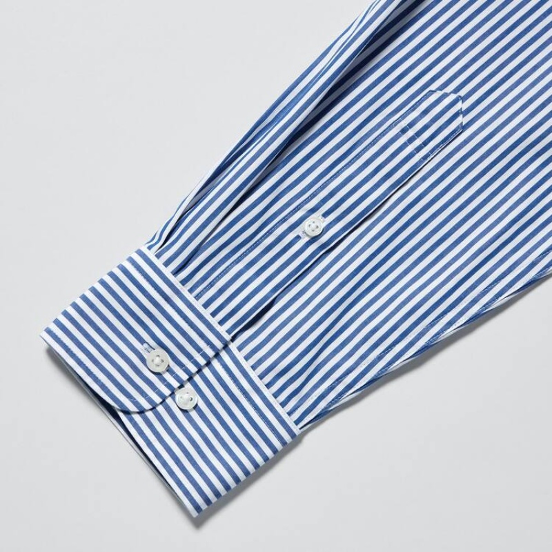 Uniqlo Extra Fine Cotone Broadcloth Regular Fit A Strisce (Button-down Collar) Camicie Blu | QRVYZB574