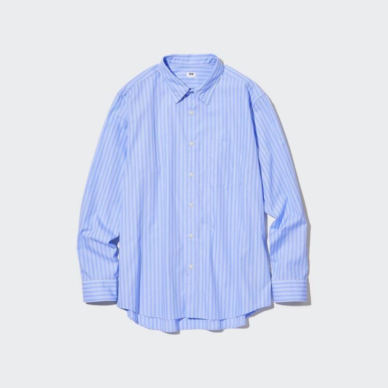 Uniqlo Extra Fine Cotone Broadcloth Regular Fit A Strisce Camicie Blu | NPHYWJ802