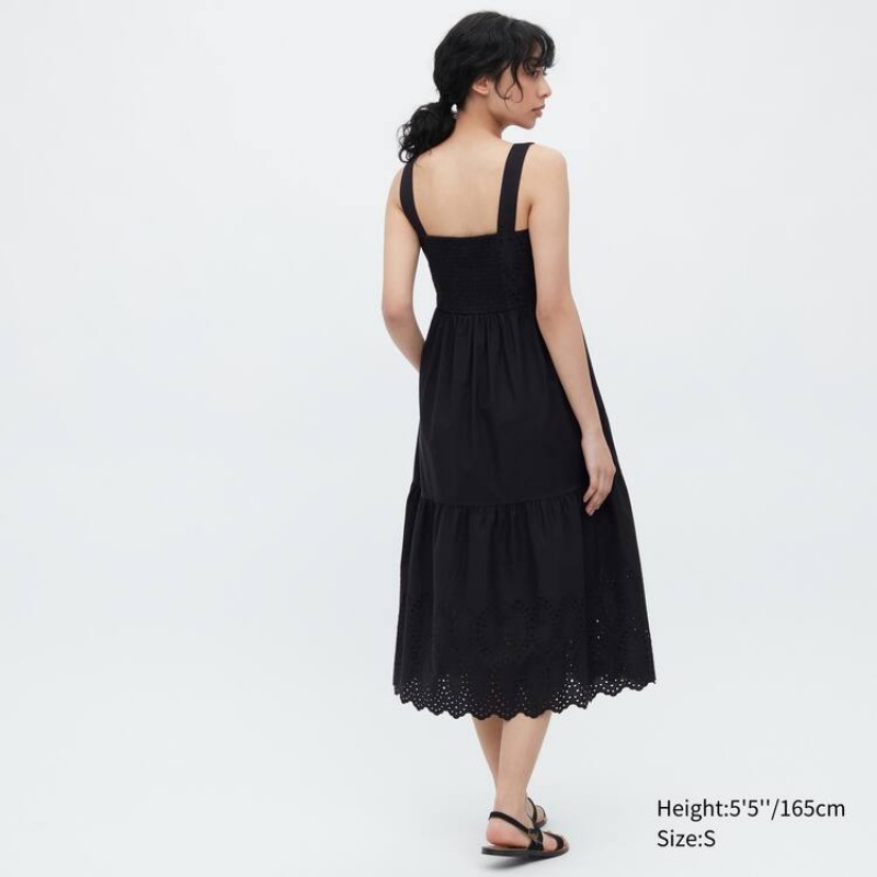 Uniqlo Eyelet Cotone Senza Maniche Midi Vestito Nere | EKAQGO875