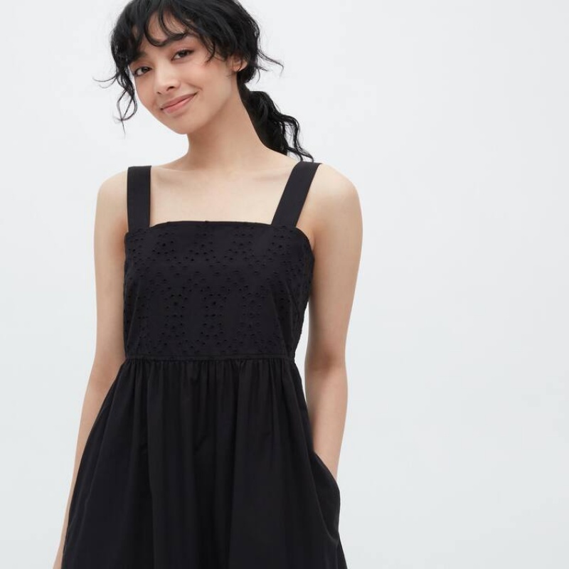 Uniqlo Eyelet Cotone Senza Maniche Midi Vestito Nere | EKAQGO875