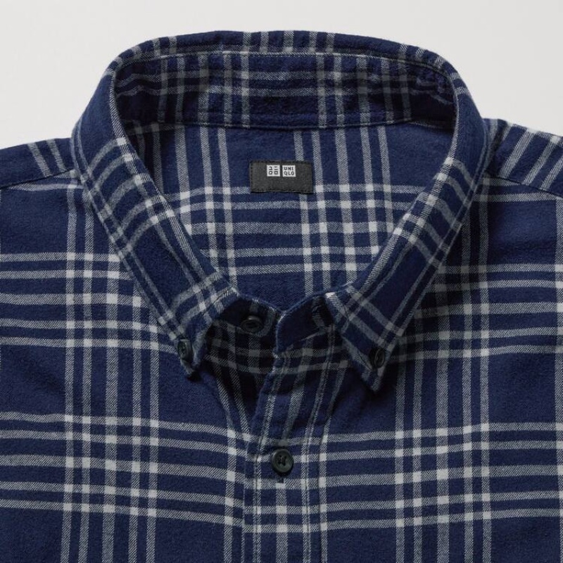 Uniqlo Flannel Regular Fit Checked (Button-down Collar) Camicie Blu Marino | MCXAEV804