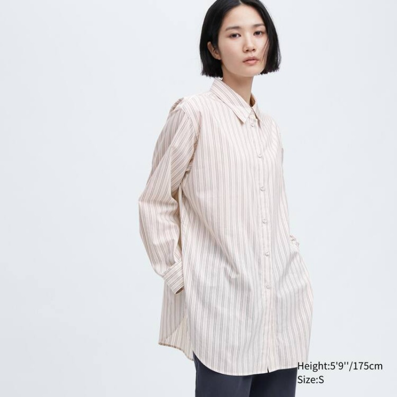 Uniqlo Ines De La Fressange Cotone Silk Blend Oversized Long Sleeved Camicie Beige | KHJMLN361