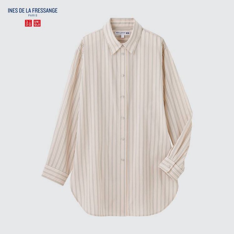 Uniqlo Ines De La Fressange Cotone Silk Blend Oversized Long Sleeved Camicie Beige | KHJMLN361