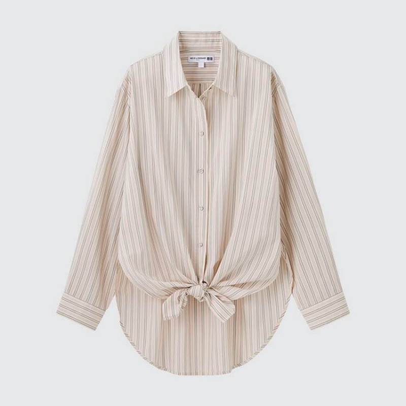 Uniqlo Ines De La Fressange Cotone Silk Blend Oversized Long Sleeved Camicie Beige | KHJMLN361