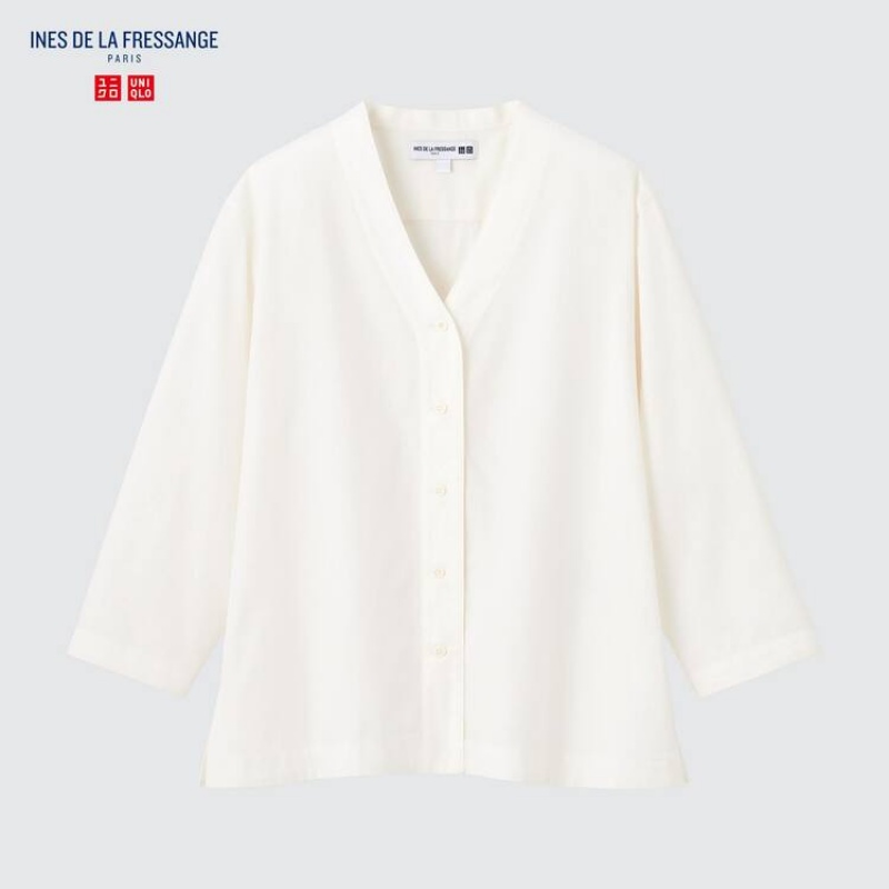 Uniqlo Ines De La Fressange Cotone Twill V Neck 3/4 Sleeved Camicie Bianche | UZYPHN149