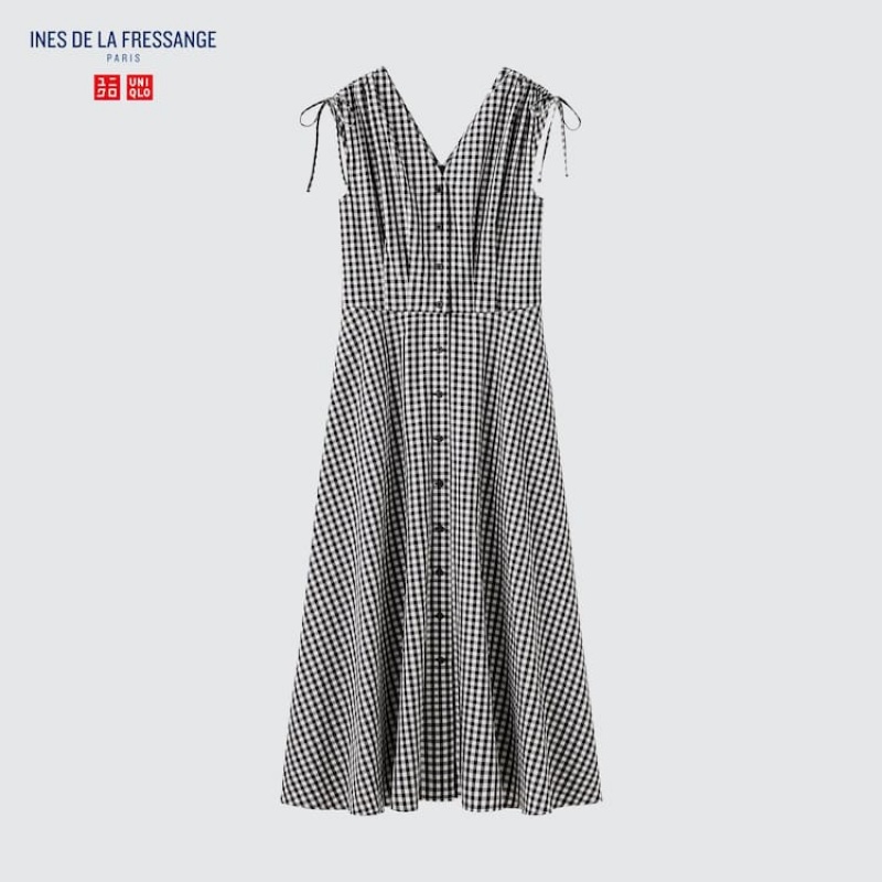 Uniqlo Ines De La Fressange Cotone V Neck Senza Maniche Vestito Bianche Nere | AFISZU548