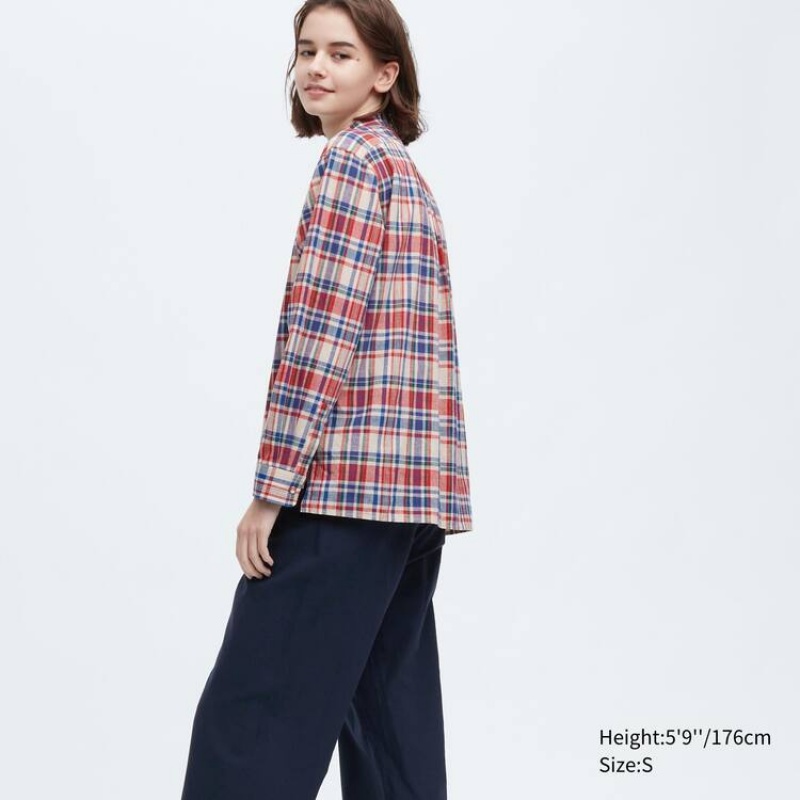 Uniqlo Ines De La Fressange Linen Cotone Blend Pintucked Long Sleeved Camicie Blu Rosse | HOAYQV061