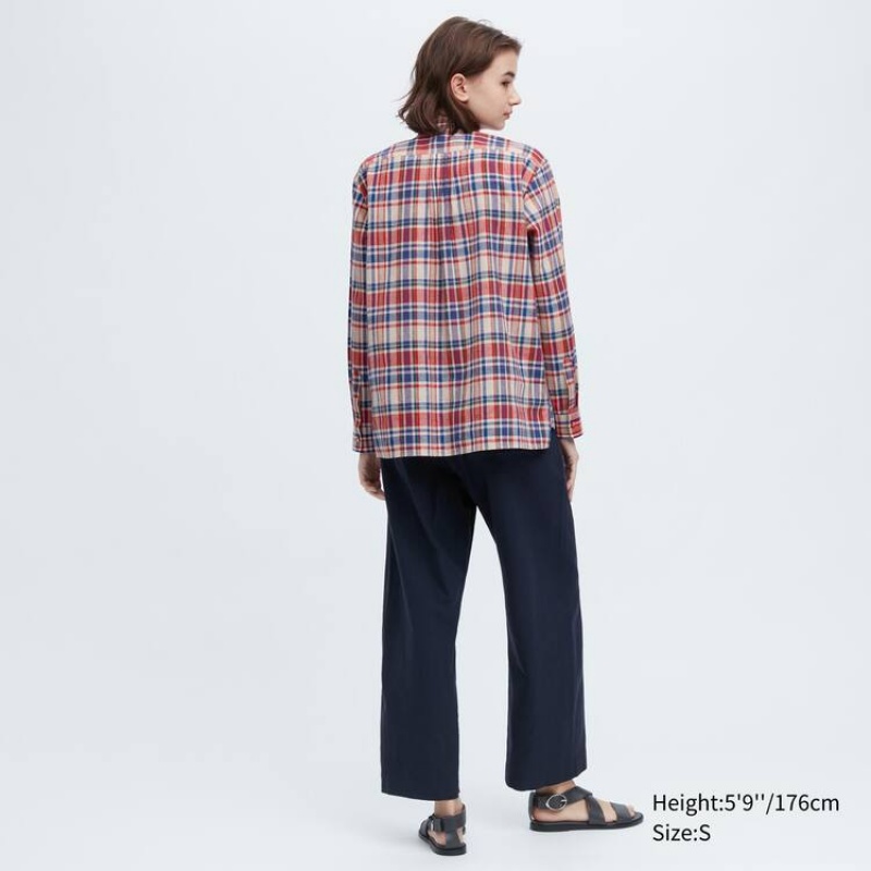 Uniqlo Ines De La Fressange Linen Cotone Blend Pintucked Long Sleeved Camicie Blu Rosse | HOAYQV061