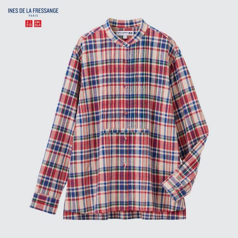 Uniqlo Ines De La Fressange Linen Cotone Blend Pintucked Long Sleeved Camicie Blu Rosse | HOAYQV061