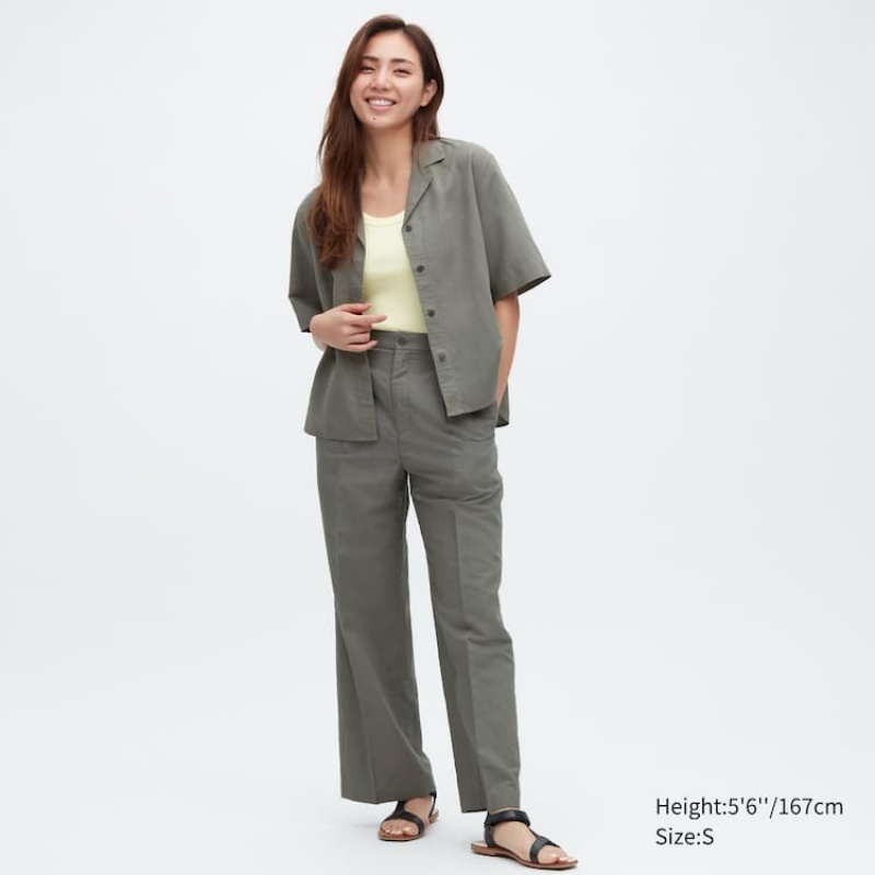 Uniqlo Linen Blend A Pieghe Larghe Leg Pantaloni Verde Oliva | ULIETB720