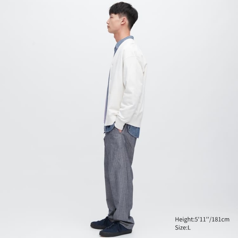 Uniqlo Linen Blend A Strisce Relaxed Fit Pantaloni Blu | MOCUHZ836