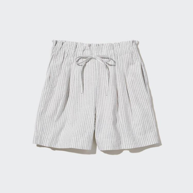 Uniqlo Linen Cotone Blend A Strisce Pantaloncini Bianche | VDGJZF891