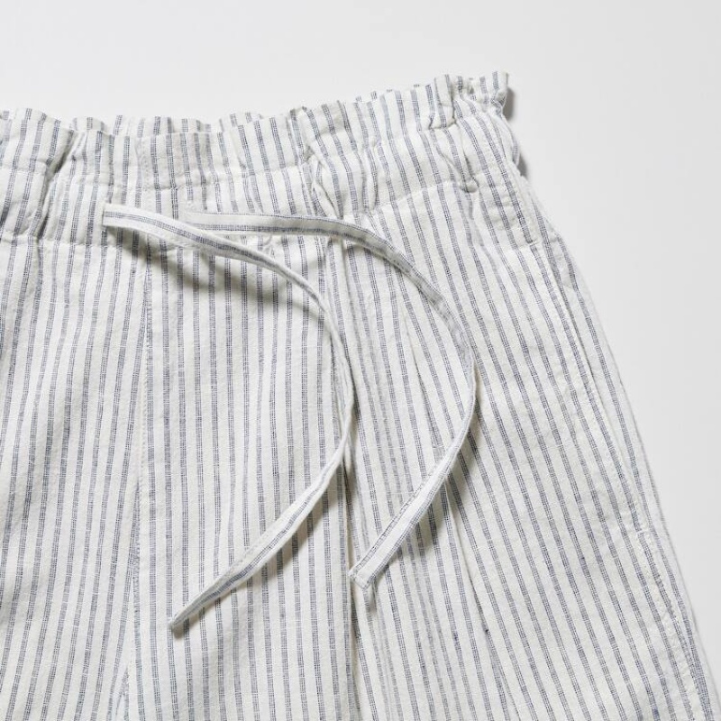 Uniqlo Linen Cotone Blend A Strisce Pantaloncini Bianche | VDGJZF891