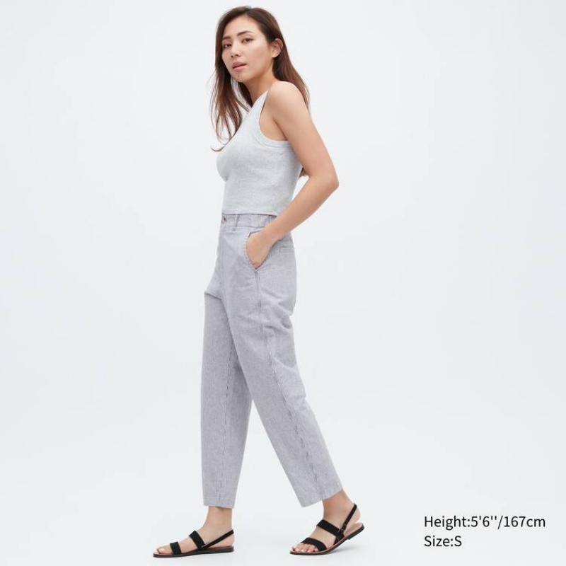 Uniqlo Linen Cotone Blend A Strisce Tapered Pantaloni Blu | NAZPJF958