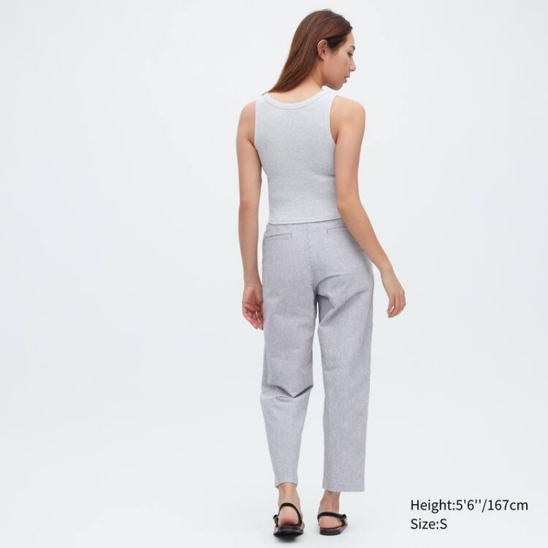 Uniqlo Linen Cotone Blend A Strisce Tapered Pantaloni Blu | NAZPJF958