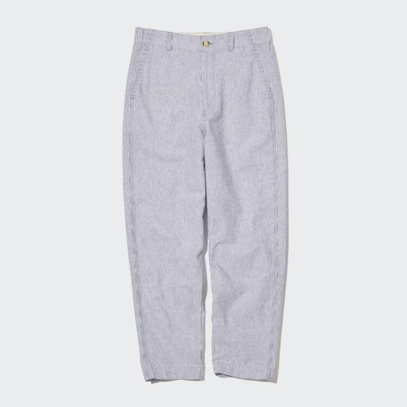 Uniqlo Linen Cotone Blend A Strisce Tapered Pantaloni Blu | NAZPJF958