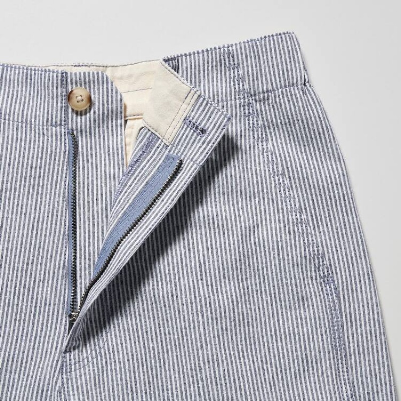 Uniqlo Linen Cotone Blend A Strisce Tapered Pantaloni Blu | NAZPJF958