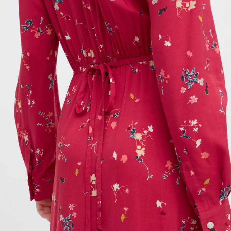 Uniqlo Printed V Neck Flared Long Sleeved Vestito Rosse | JTGWMK359