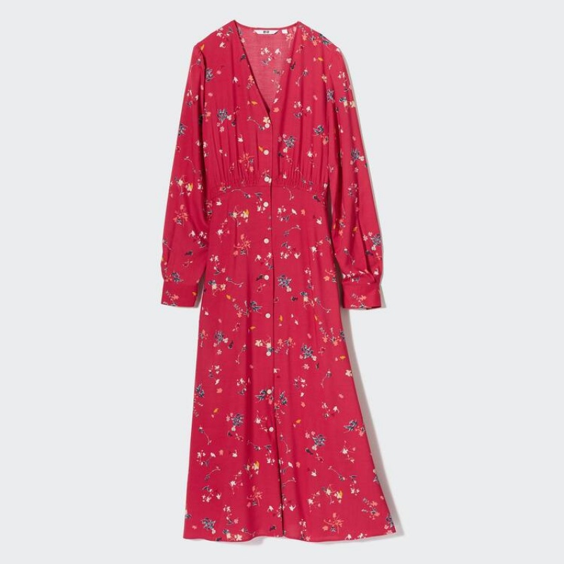 Uniqlo Printed V Neck Flared Long Sleeved Vestito Rosse | JTGWMK359