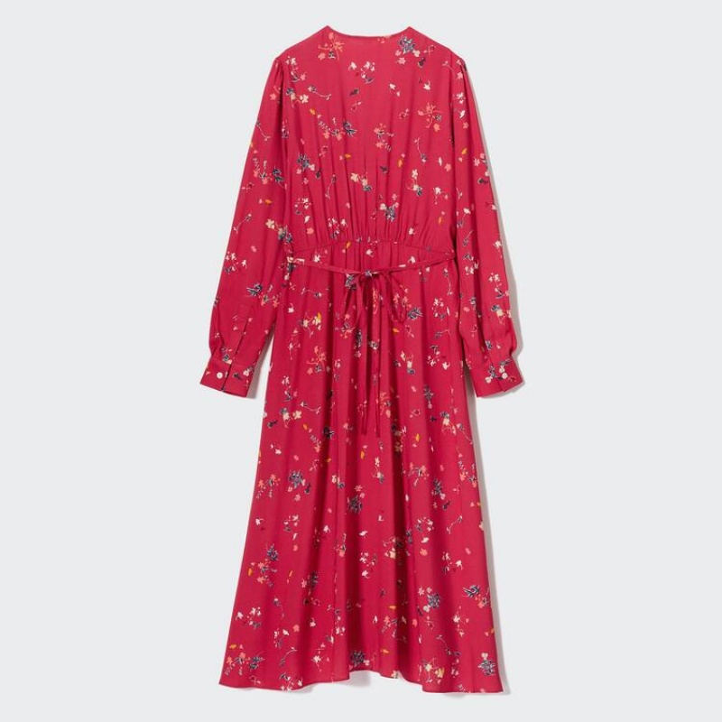 Uniqlo Printed V Neck Flared Long Sleeved Vestito Rosse | JTGWMK359