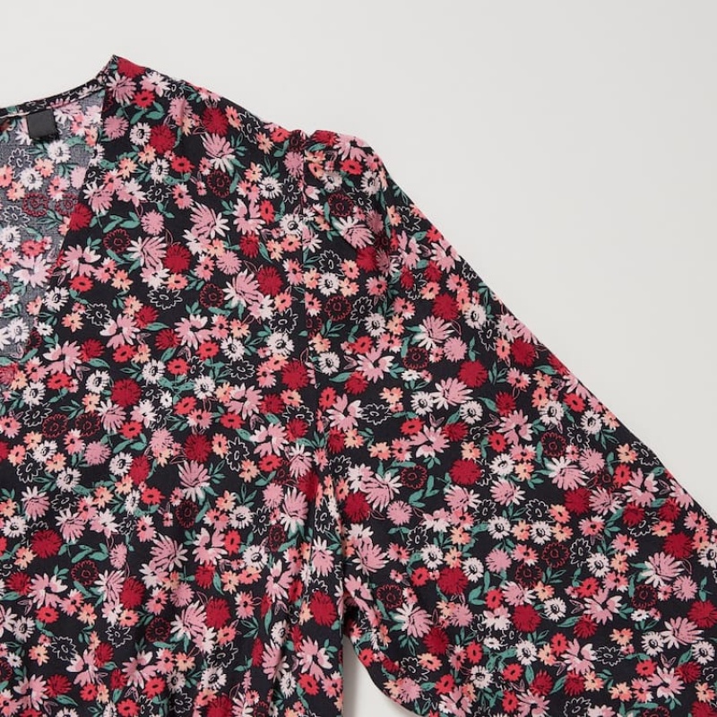 Uniqlo Printed V Neck Flared Long Sleeved Vestito Rosa | BVMDYF207