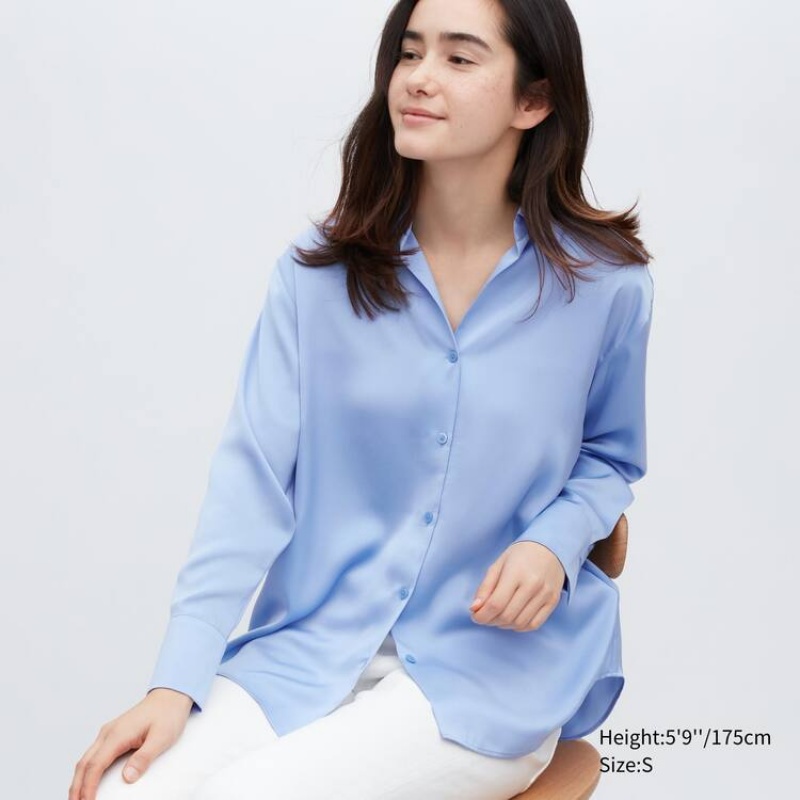 Uniqlo Satin Long Sleeved Camicetta Blu | XQEZUS052