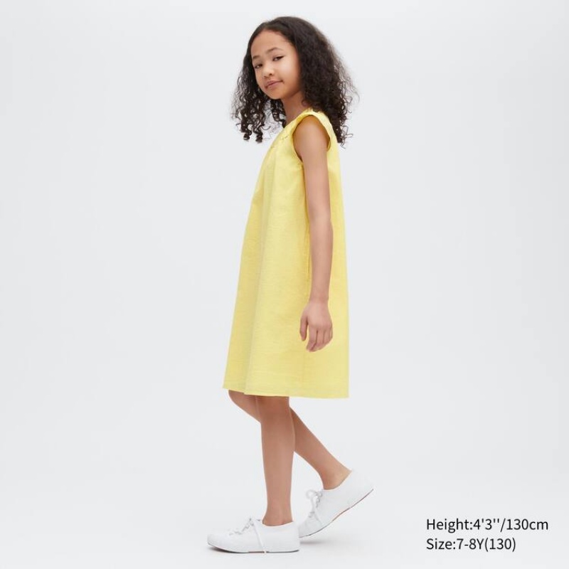 Uniqlo Seersucker Gathered Corta Sleeved Vestito Ragazza Gialle | HZQVCY829