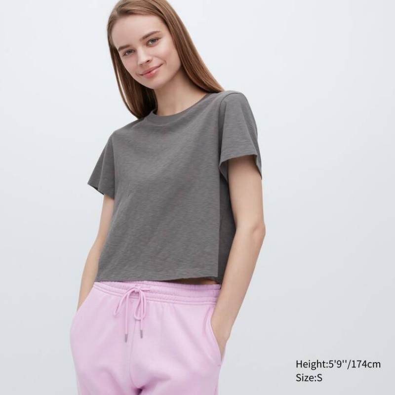 Uniqlo Slub Cotone Cropped Corta Sleeved Magliette Grigie | RHQMAB314