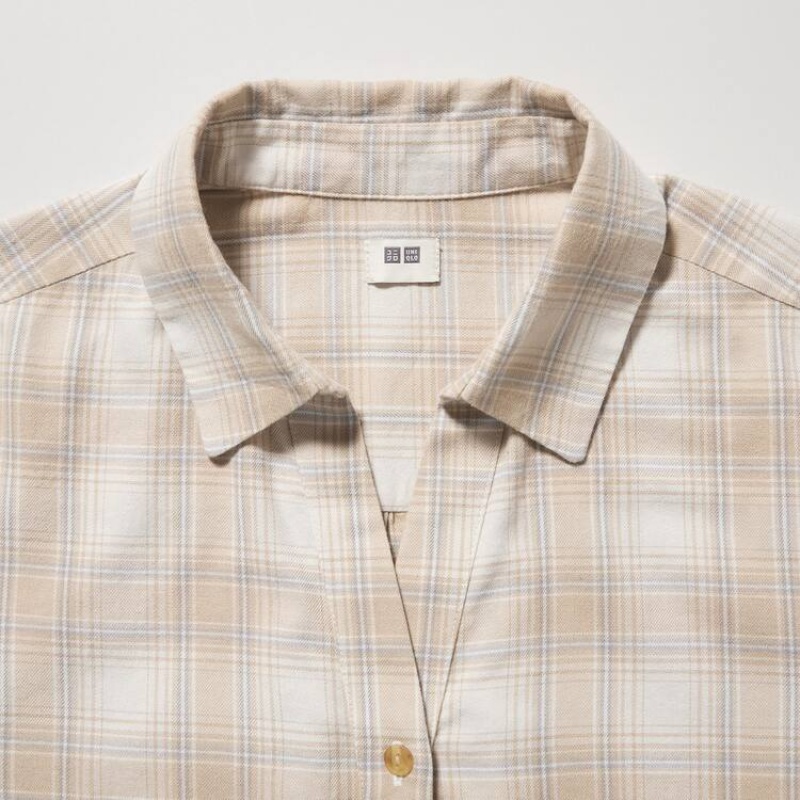 Uniqlo Soft Brushed Checked Long Sleeved Camicie Beige | JNKIUB462