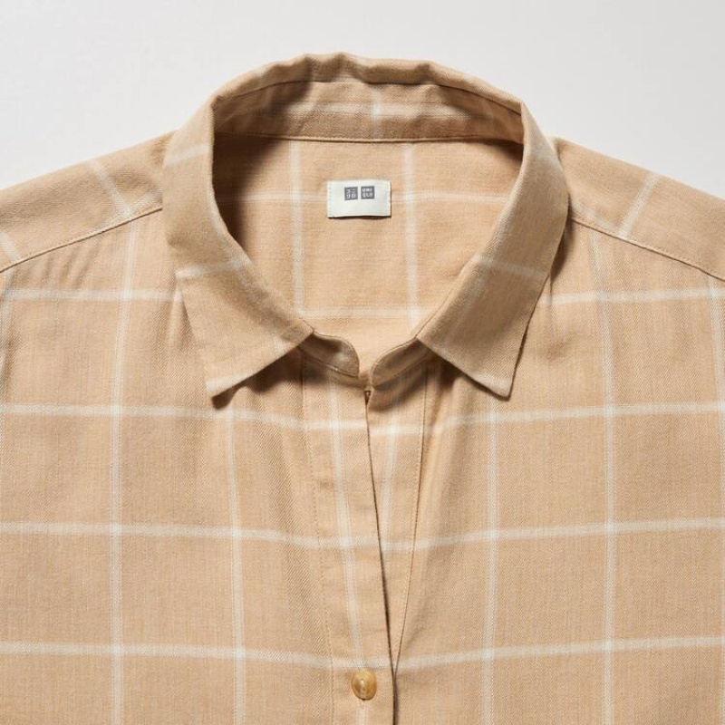 Uniqlo Soft Brushed Checked Long Sleeved Camicie Beige | FUEAHO938