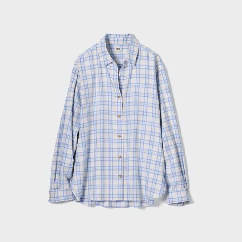 Uniqlo Soft Brushed Checked Long Sleeved Camicie Blu Chiaro | BJRUTS643