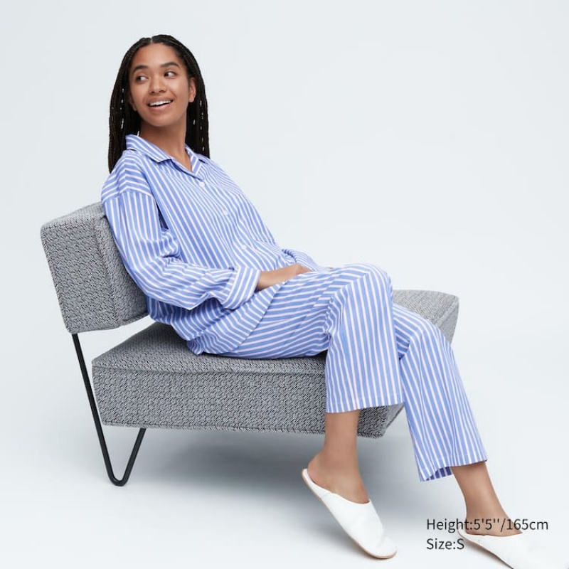 Uniqlo Soft Stretch A Strisce Long Sleeved Loungewear Blu | YGPUAF680