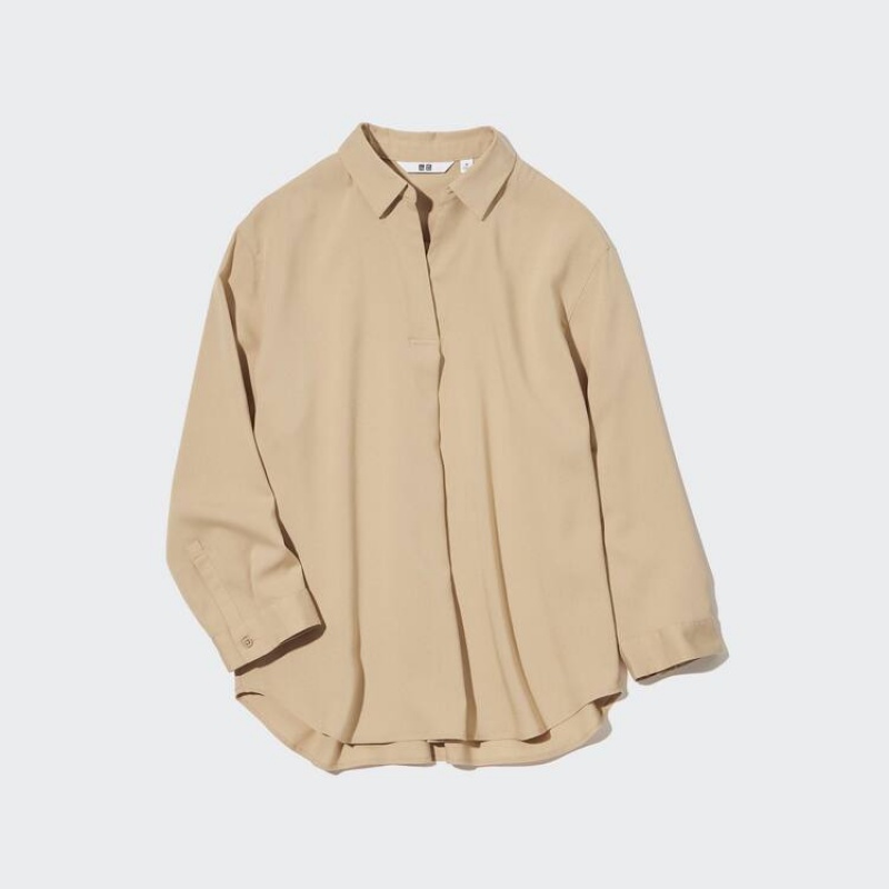 Uniqlo Viscose Skipper Collar 3/4 Sleeved Camicetta Khaki | DPYLNM534