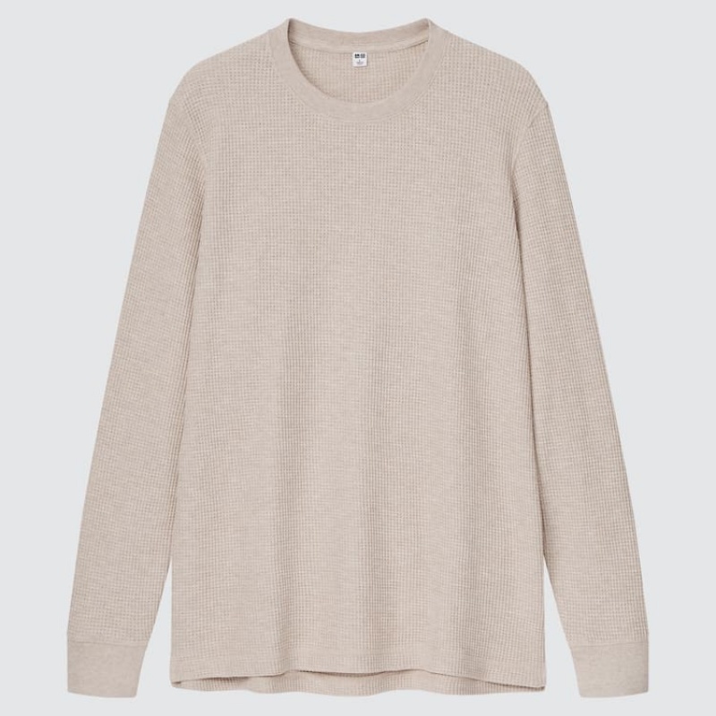 Uniqlo Waffle Crew Neck Long Sleeved (2021 Season) Magliette Beige | UQWHTY039